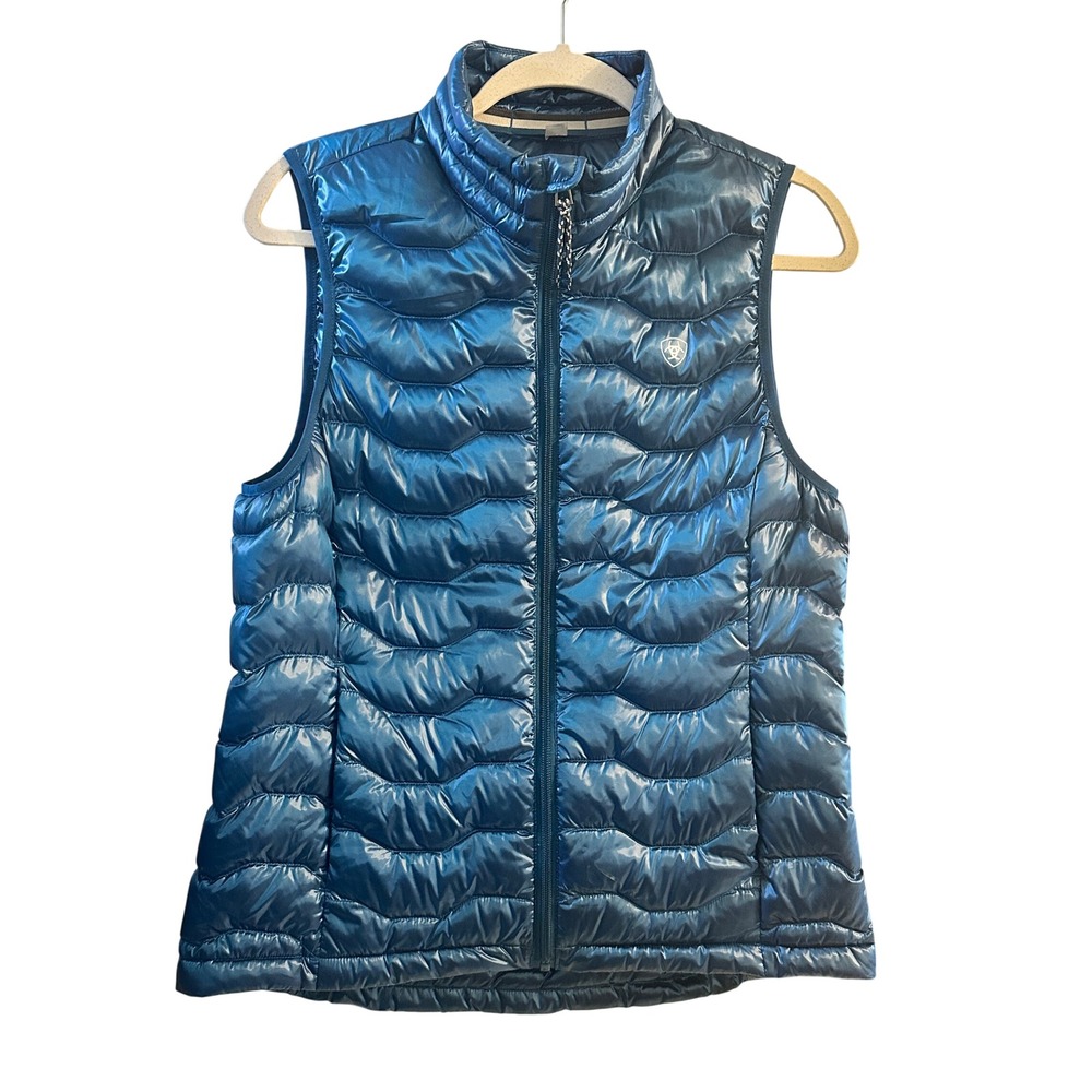 Ariat Ideal Down Vest Womens Medium Blue Metallic Puffer Quilted Lightweight Zip